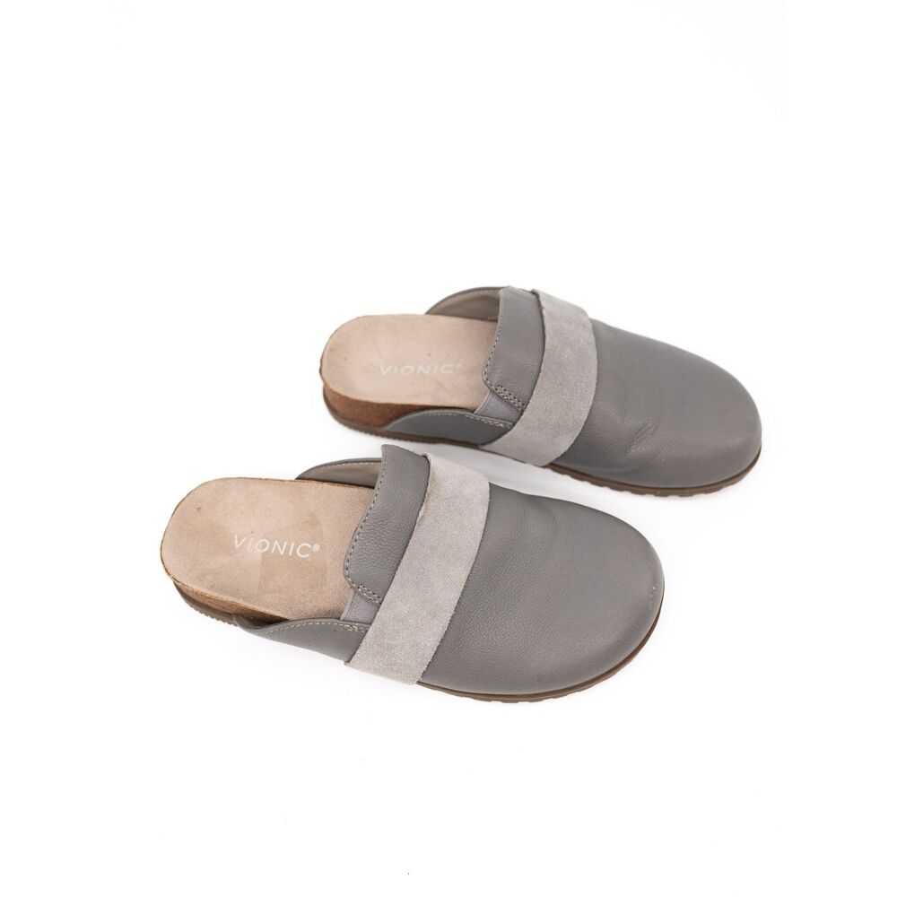 Vionic Womens 7 Ambrosia Clogs Slip On Mules Gray Leather Flat Comfort Shoes